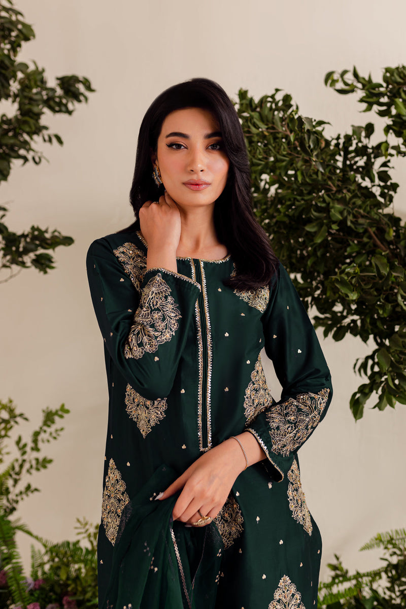 IMPERIAL GREEN EMBROIDERED 3PC Winter Dress FLAT 60%OFF