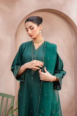 green zink long embroidered 3Pc for women in Pima lawn cotton