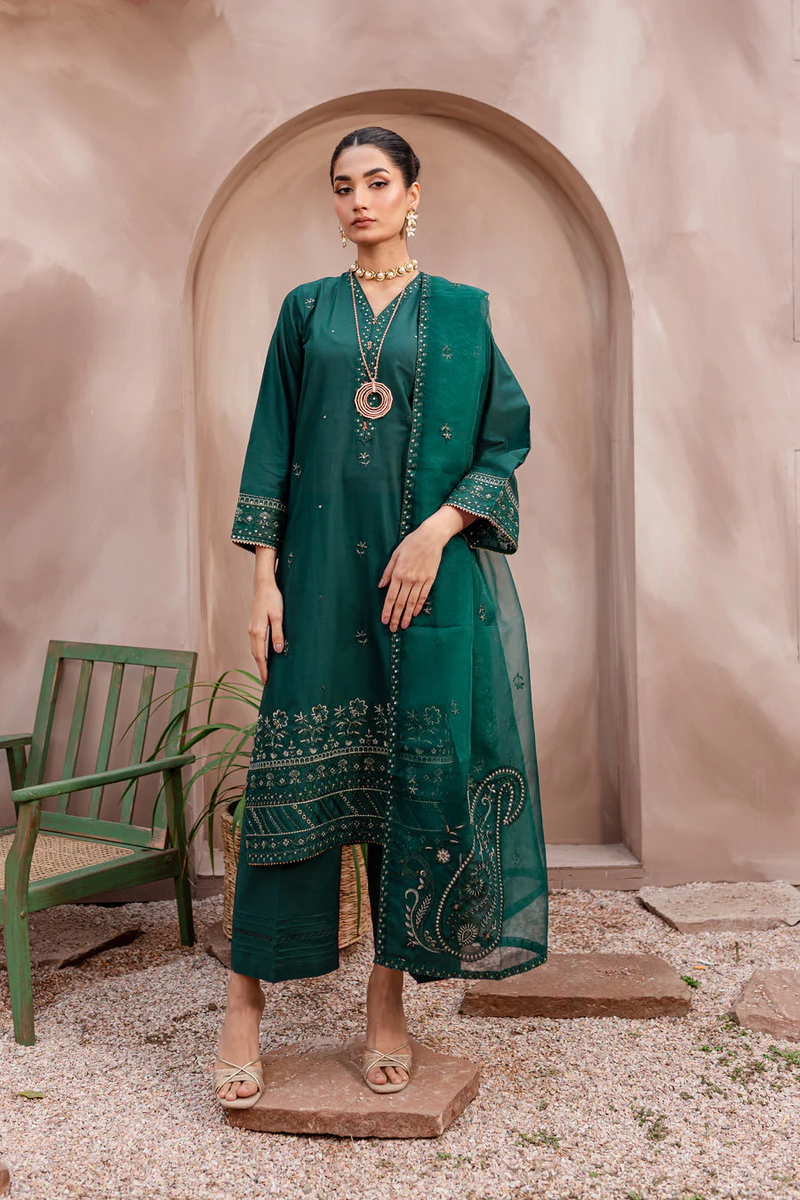 green zink long embroidered 3Pc for women in Pima lawn cotton