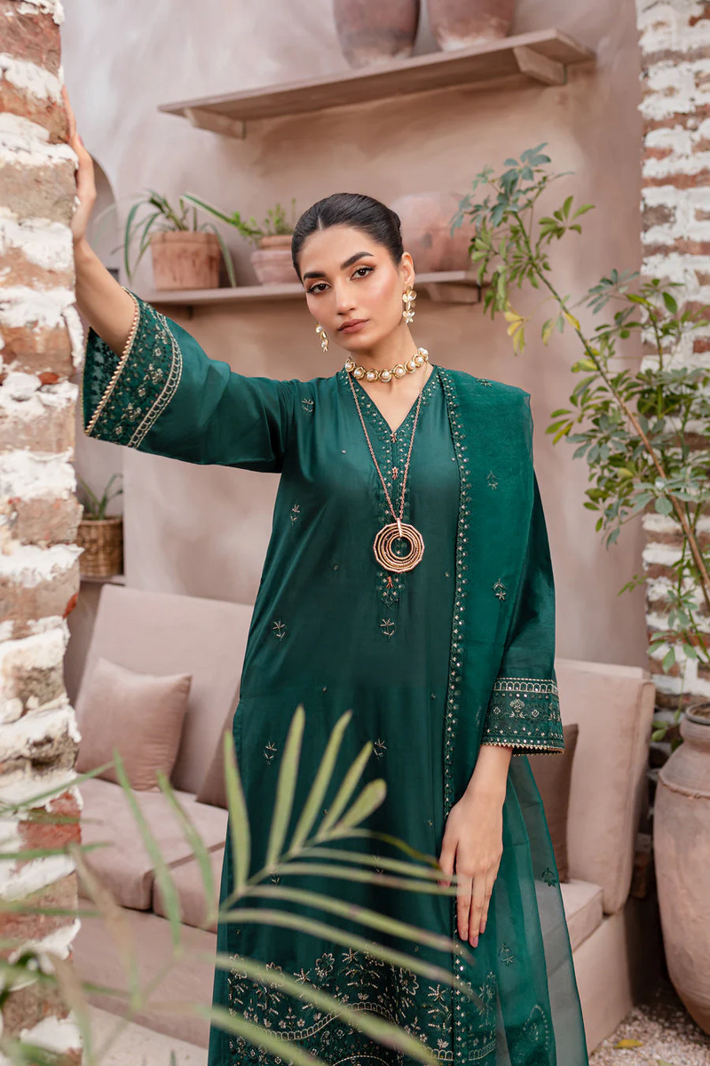 green zink long embroidered 3Pc for women in Pima lawn cotton