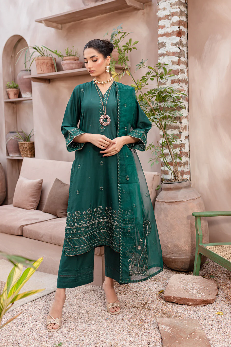 green zink long embroidered 3Pc for women in Pima lawn cotton