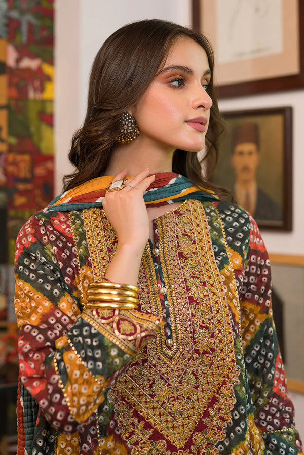 Hania 3Pc Digital Printed with embroidered neck in multi color frock