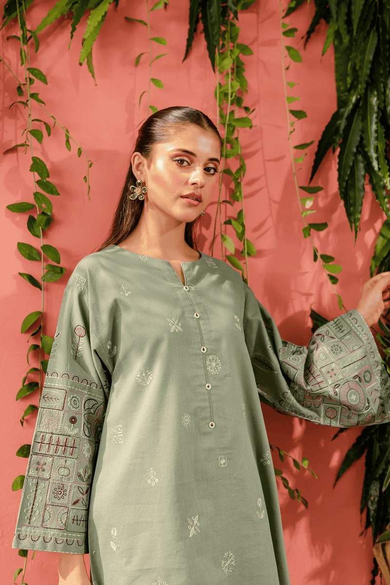 Chippy 2Pc - Embroidered women Batik Dress in tea green color