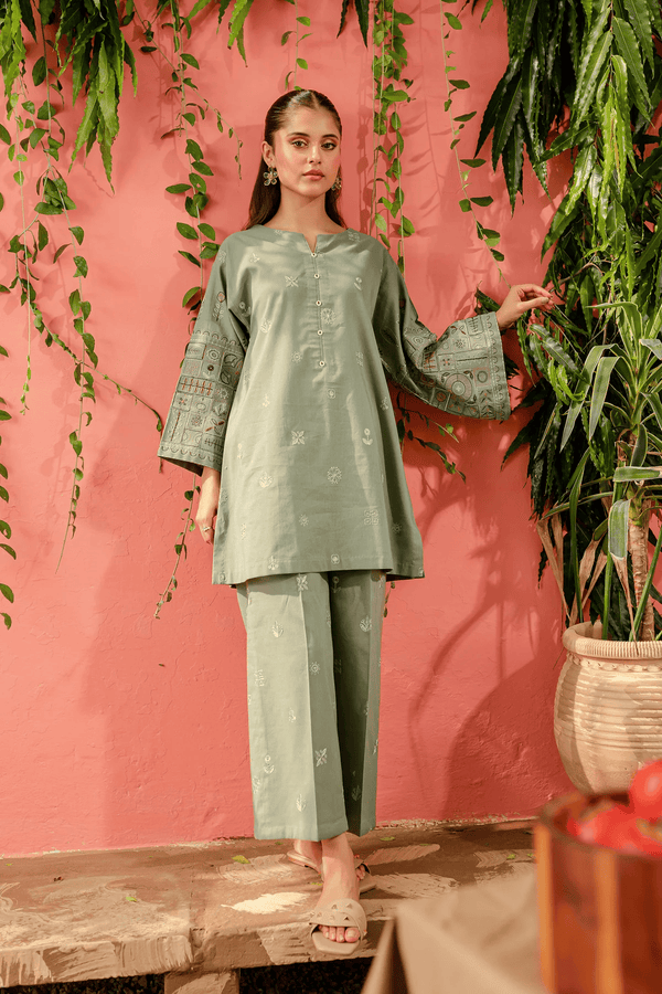 Chippy 2Pc - Embroidered women Batik Dress in tea green color