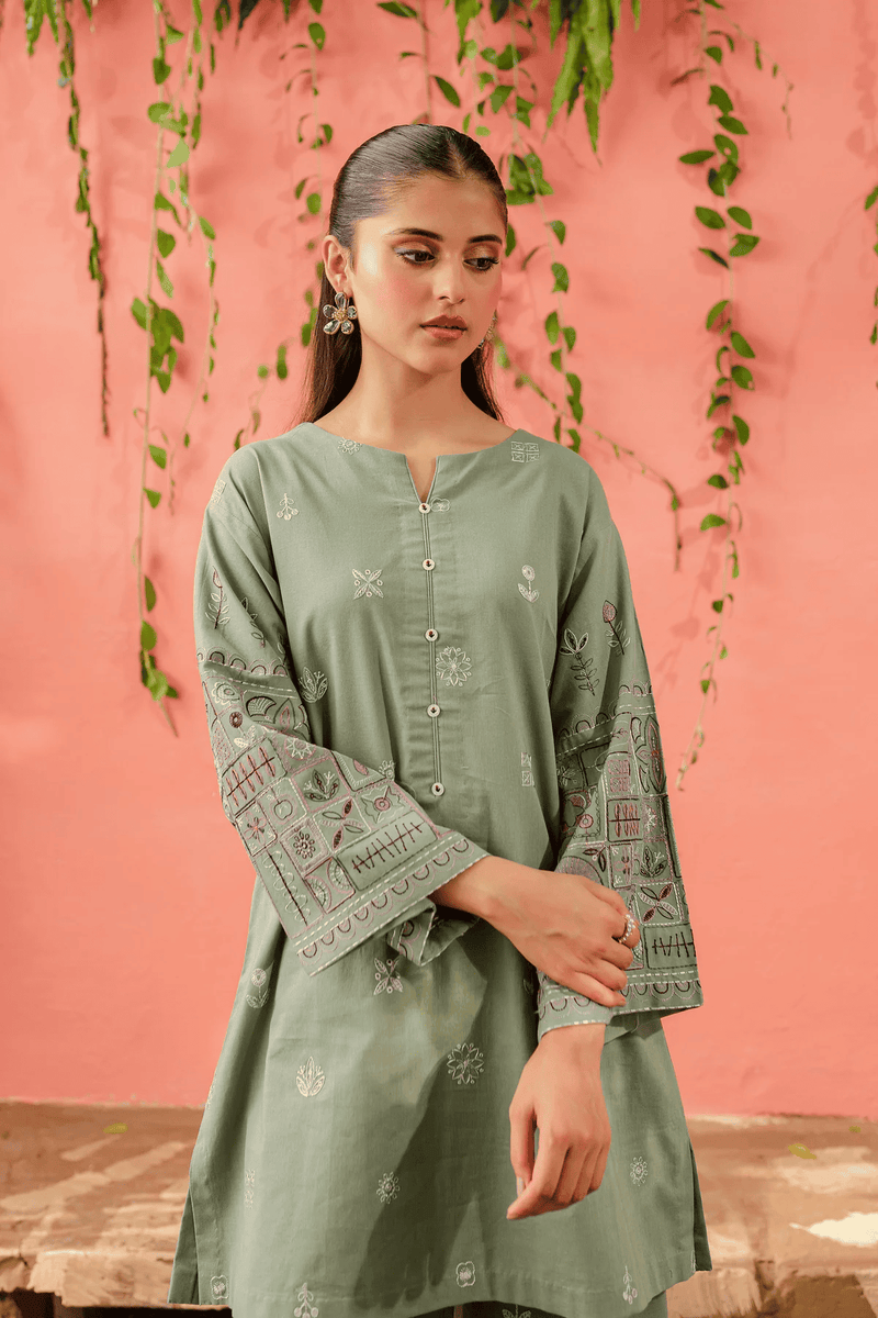 Chippy 2Pc - Embroidered women Batik Dress in tea green color