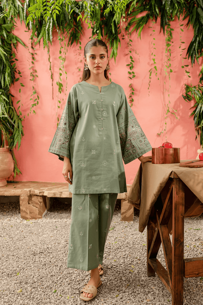 Chippy 2Pc - Embroidered women Batik Dress in tea green color