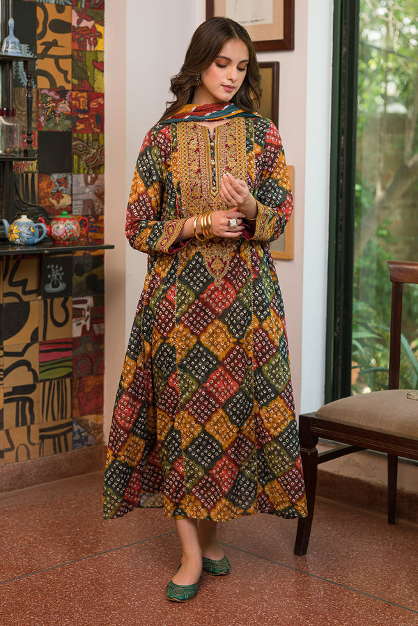 Hania 3Pc Digital Printed with embroidered neck in multi color frock