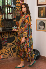 Hania 3Pc Digital Printed with embroidered neck in multi color frock